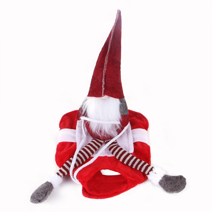 Red and white gnome figurine with a long beard on a white background