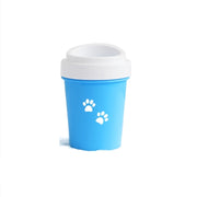 Blue cup with white lid and paw prints on a white background