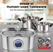 Set of stainless steel cookware with a dishwasher safe label on a kitchen background