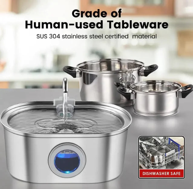 Set of stainless steel cookware with a dishwasher safe label on a kitchen background