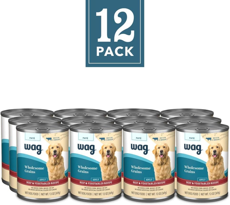 Amazon Brand- Wag Wholesome Grains Adult Pate Canned Dog Food, Beef & Vegetables Recipe, 13 oz (Pack of 12)