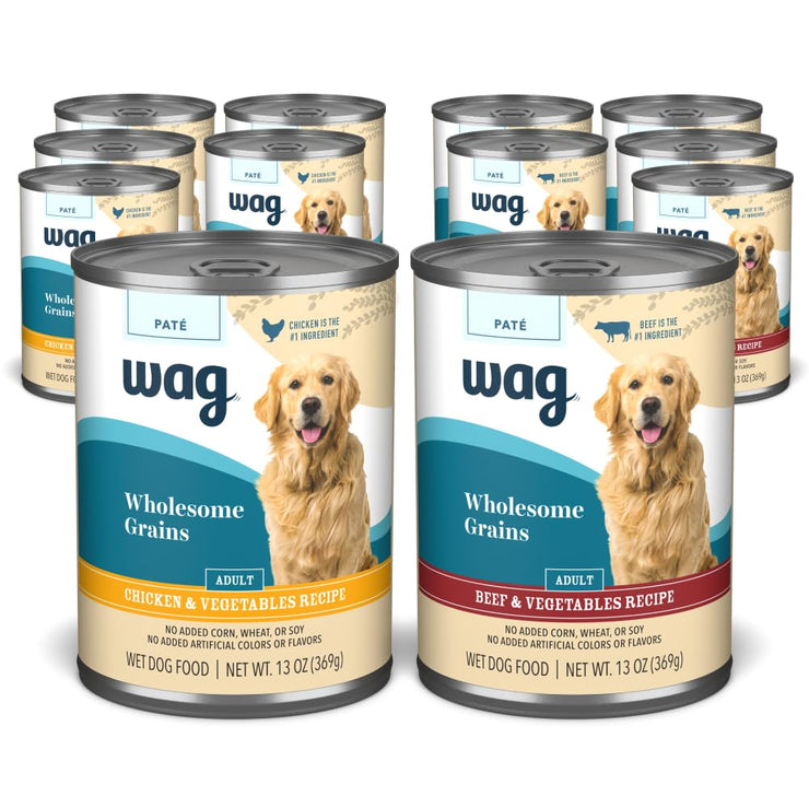 Amazon Brand- Wag Wholesome Grains Adult Pate Canned Dog Food, Beef & Vegetables Recipe, 13 oz (Pack of 12)