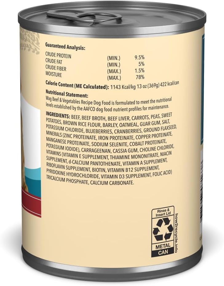 Amazon Brand- Wag Wholesome Grains Adult Pate Canned Dog Food, Beef & Vegetables Recipe, 13 oz (Pack of 12)