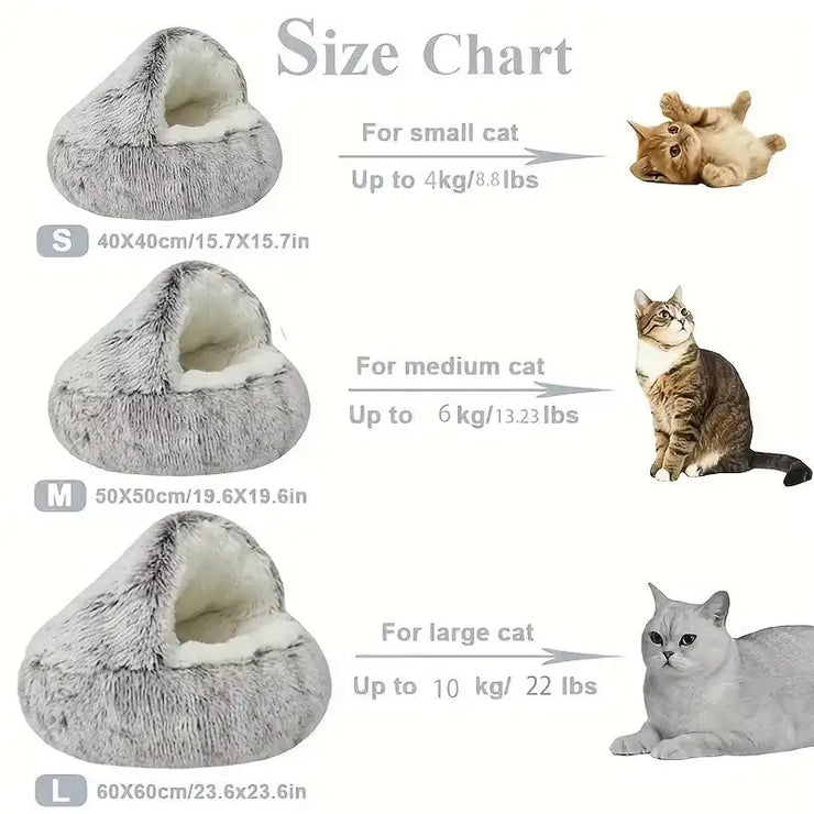 Size chart for cat beds with corresponding dimensions and weight ranges.