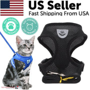Cat wearing a blue harness with a black mesh harness and leash on a white background, featuring 'US Seller' text and pet-friendly logos.