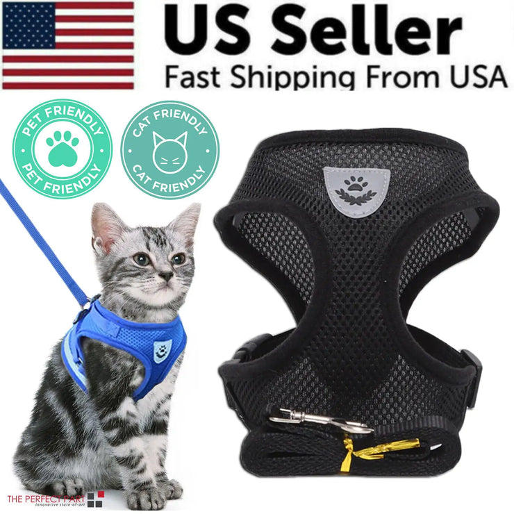 Cat wearing a blue harness with a black mesh harness and leash on a white background, featuring 'US Seller' text and pet-friendly logos.