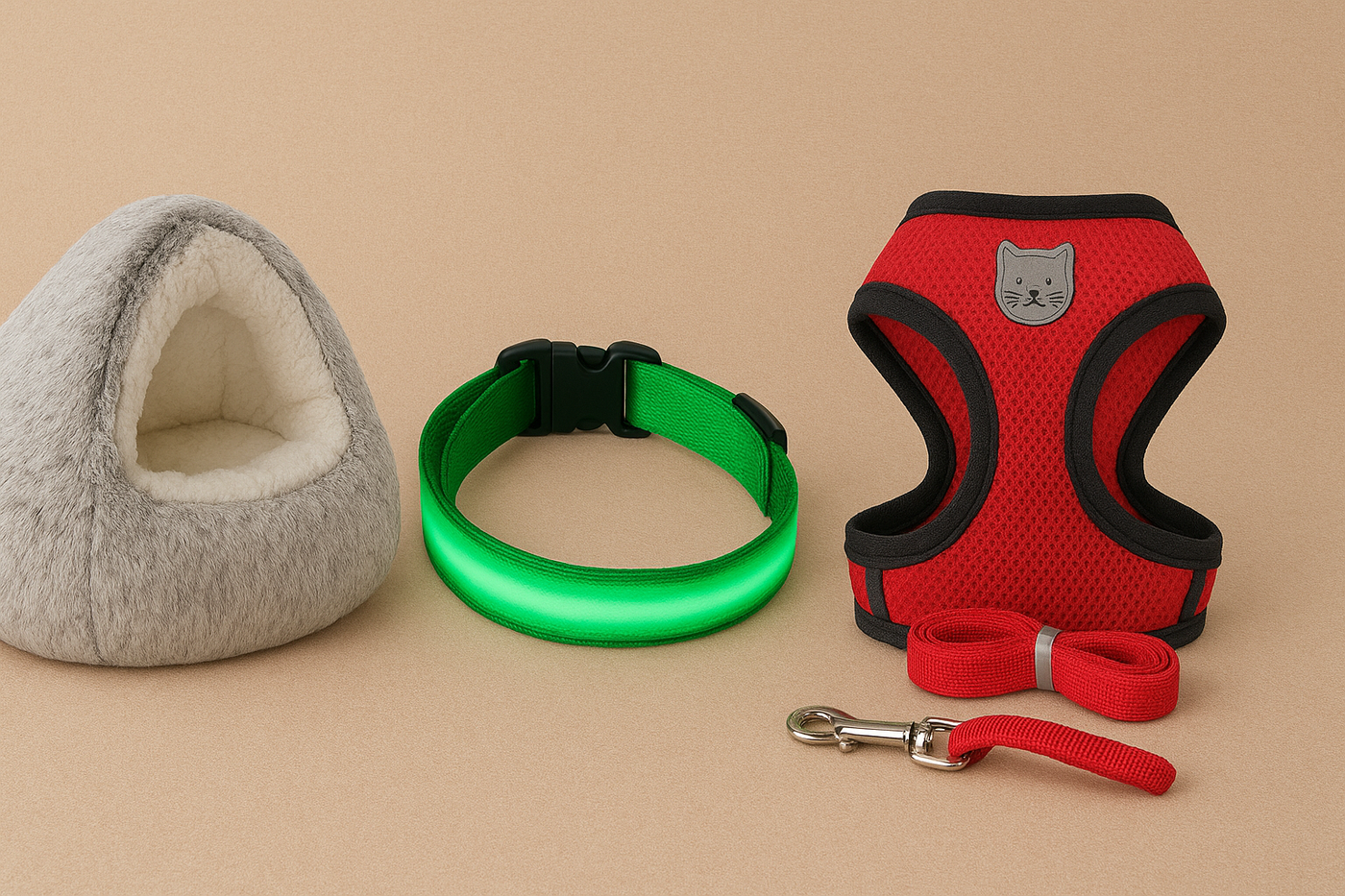 Pet accessories including a gray pet bed, green collar, red harness, and leash on a beige background