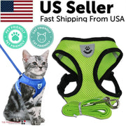 Cat wearing a blue harness with a green harness and leash on a white background, featuring 'US Seller' text and an American flag.