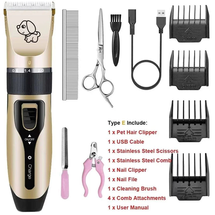 Pet grooming kit with hair clipper, scissors, and attachments on a white background