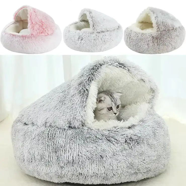 Fluffy pet bed with a cat inside, shown in multiple colors.