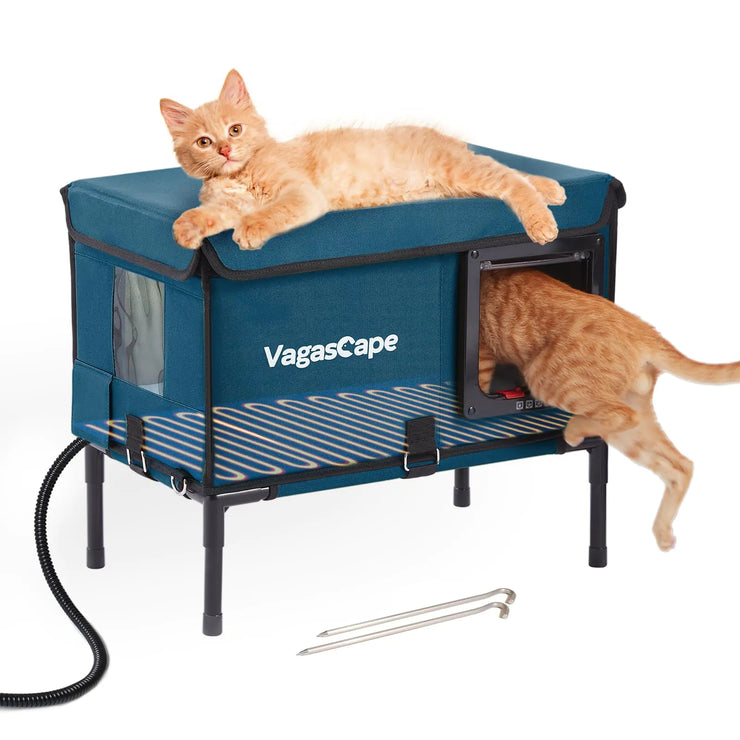 Heated Cat House for Outside 100% Waterproof Safe Two-Way Lock Door Insulated Outdoor Weatherproof Elevated Cat Shelter with Heater for Feral Barn Cat Kitty Blue 21 x 18 x 13 in