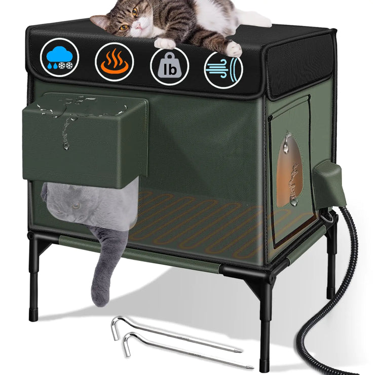 Heated Cat House for Outside Cat Insulated in WinterFully WaterproofEscape Doorwith Adjustable AwningOutdoor Cat Shelter for Stray Feral Barn Cat to Stay Warm & DryArmy Green13x18x20in