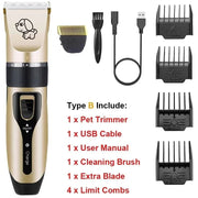 Pet grooming kit with trimmer, attachments, and cable on a white background