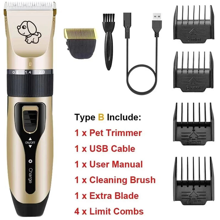 Pet grooming kit with trimmer, attachments, and cable on a white background