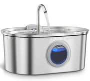 Stainless steel pet water fountain with digital display on a white background