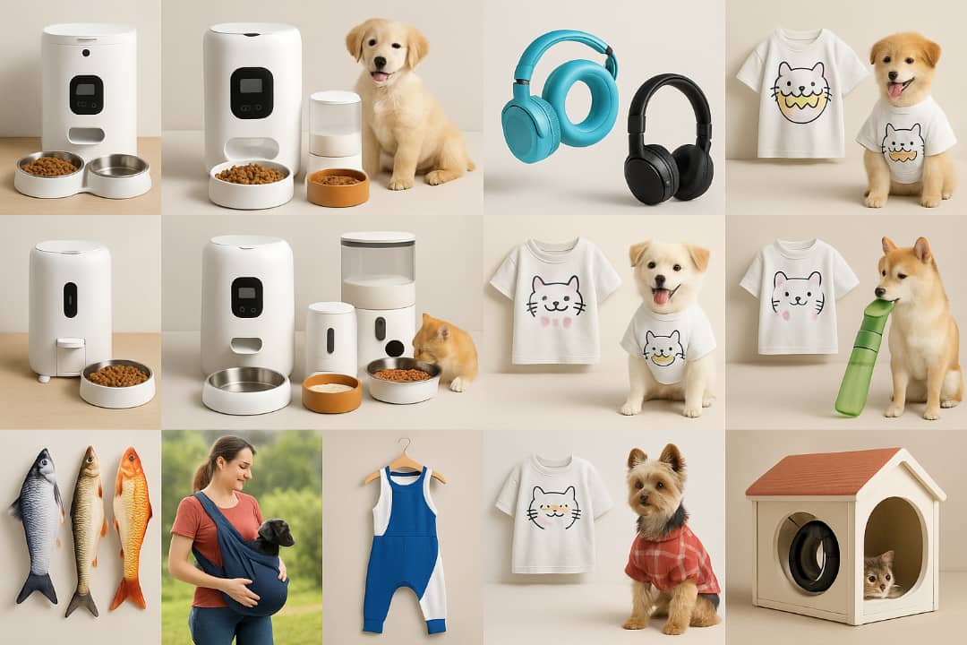 Collage of pet products including food dispensers, toys, and clothing on a light background.