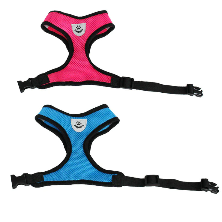 Two dog harnesses, one pink and one blue, on a white background.