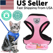 Cat wearing a blue harness with a pink harness and leash on a white background, labeled as a US seller with fast shipping.