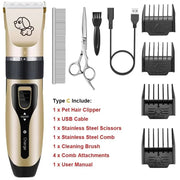 Pet grooming kit with hair clipper, scissors, comb attachments, and USB cable on a white background.