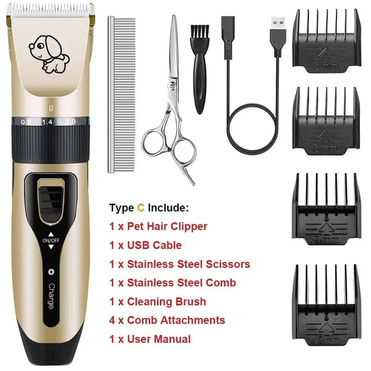 Pet grooming kit with hair clipper, scissors, comb attachments, and USB cable on a white background.