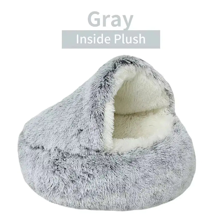 Gray pet bed with white interior on a white background