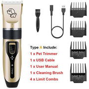Pet grooming kit with trimmer, USB cable, user manual, cleaning brush, and limit combs on a white background.