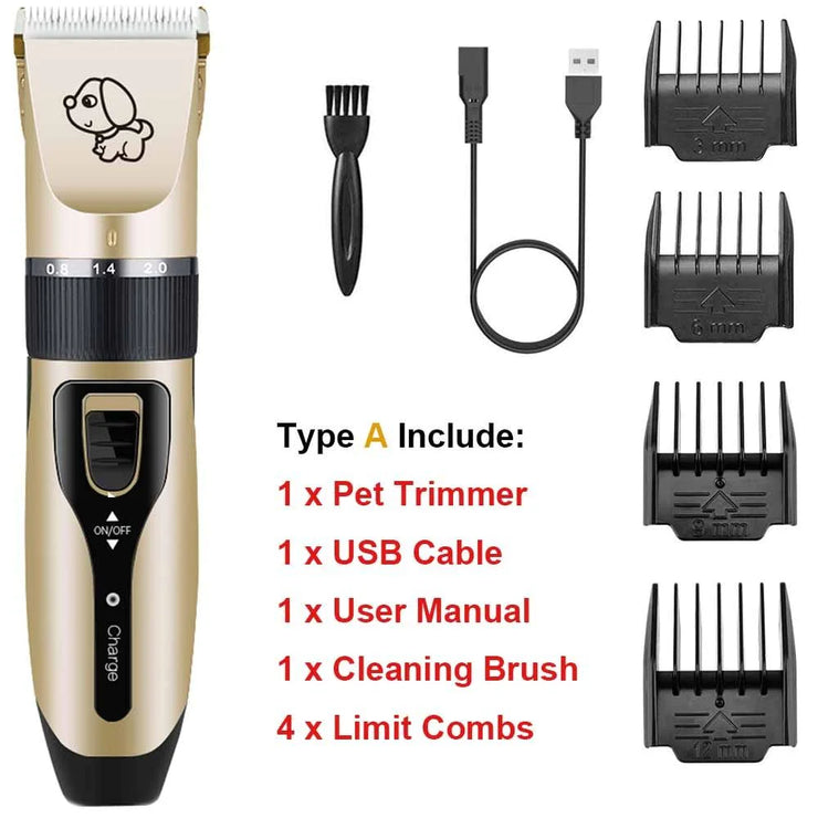 Pet grooming kit with trimmer, USB cable, user manual, cleaning brush, and limit combs on a white background.