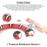 Toy snake with a hand interacting with it, labeled 'Tropical Rainforest Series'.