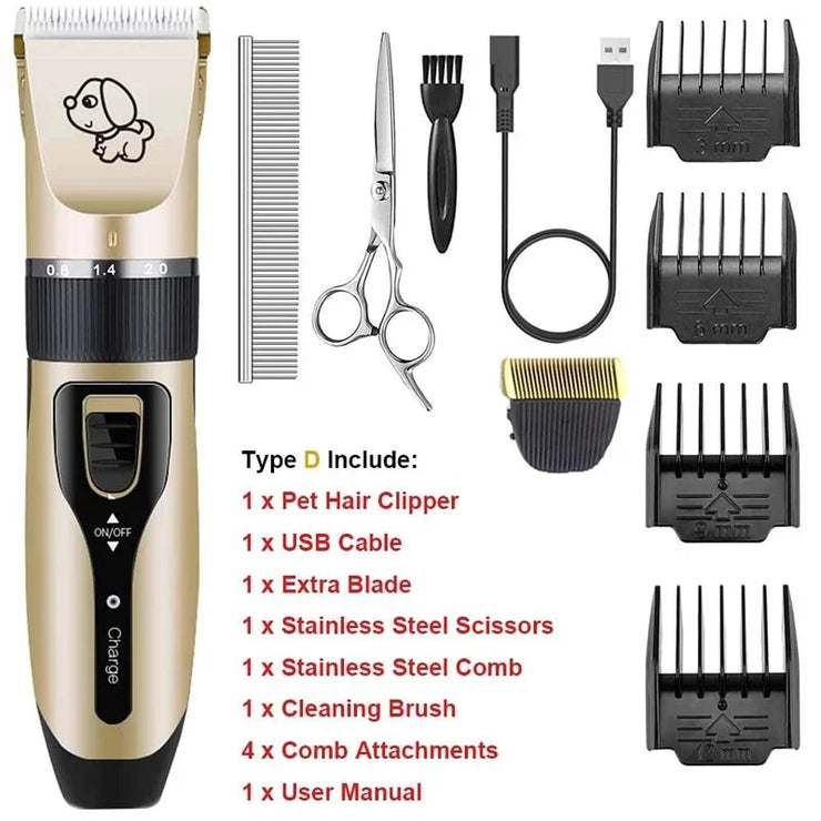 Pet grooming kit with hair clipper, scissors, and attachments on a white background