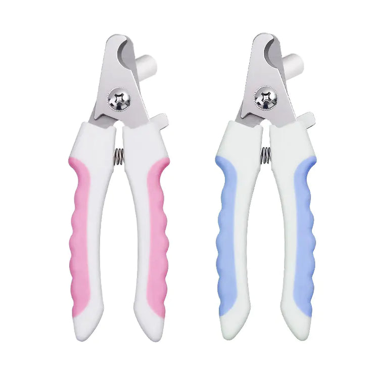 Pair of pet nail clippers with pink and blue handles on a white background