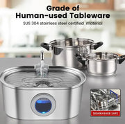 Set of stainless steel cookware on a kitchen counter with a dishwasher safe label.