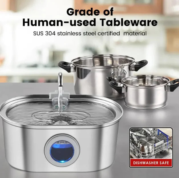 Set of stainless steel cookware on a kitchen counter with a dishwasher safe label.