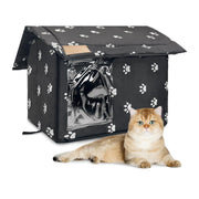 Cat lying next to a black pet carrier with white paw prints on a white background