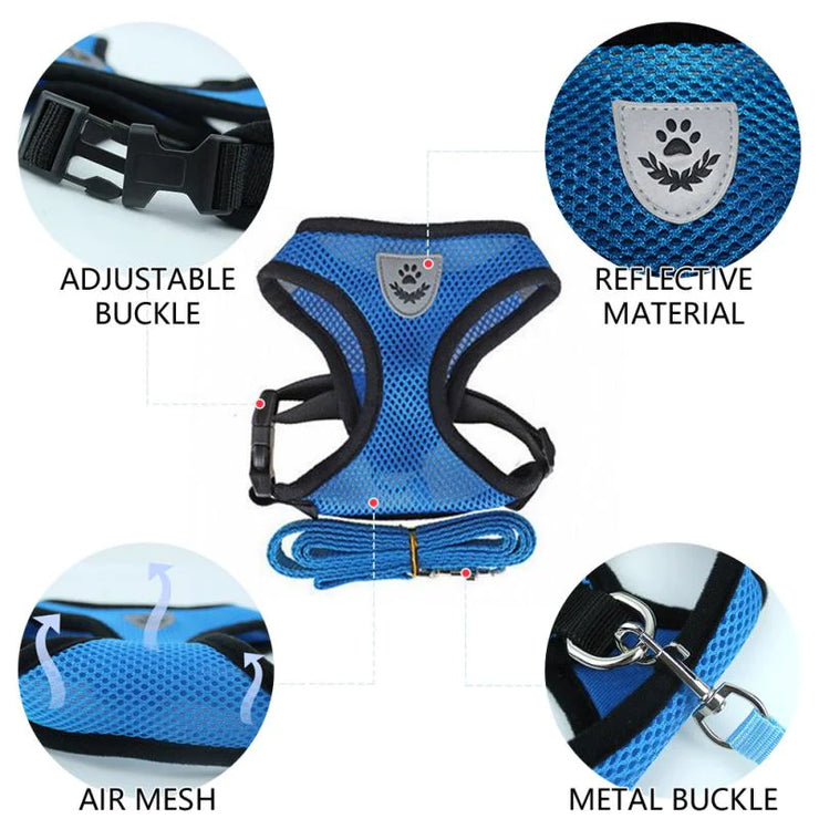 Blue dog harness with adjustable buckle, reflective material, air mesh, and metal buckle on a white background.