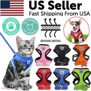 Cat wearing a blue harness with various color options displayed below, featuring a US seller banner.