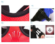 Collage of a red and black pet harness with close-up details on a white background.