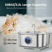 Cat next to a large capacity pet water fountain with dimensions displayed.