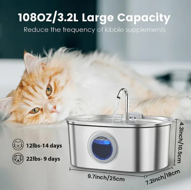 Cat next to a large capacity pet water fountain with dimensions displayed.