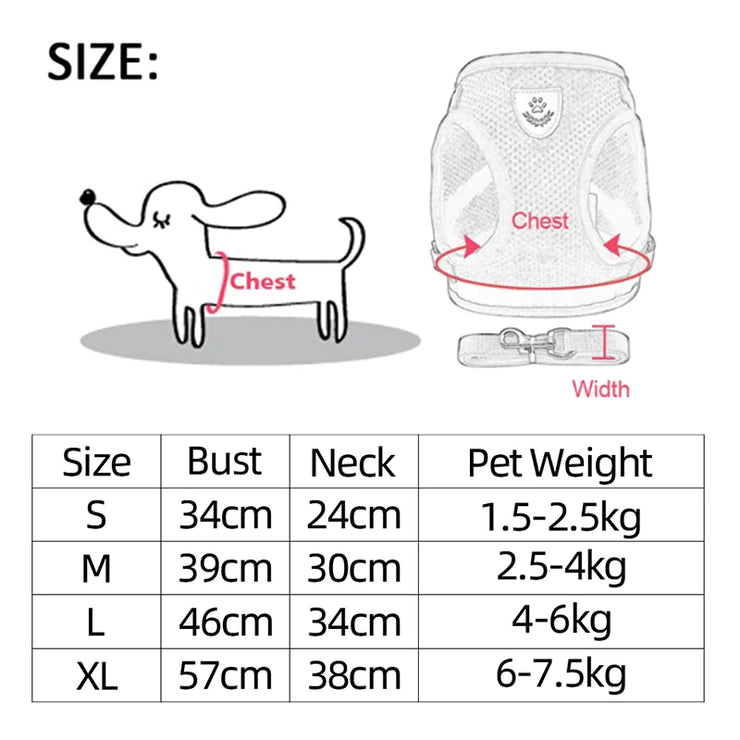 Size chart for a pet product with measurements and weight range.