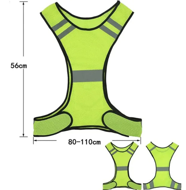 Green reflective safety vest with measurements on a white background